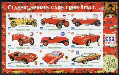 Puntland State of Somalia 2010 Classic Sports Cars of Italy with Scouts Logos imperf sheetlet containing 9 values unmounted mint