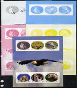 Chad 2012 Birds of Prey sheetlet containing 6 values - the set of 5 imperf progressive proofs comprising the 4 individual colours plus all 4-colour composite, unmounted mint.