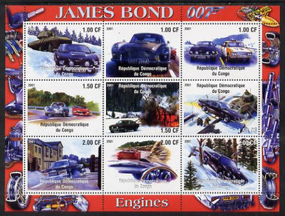 Congo 2001 James Bond - Cars #1 perf sheetlet containing 9 values unmounted mint