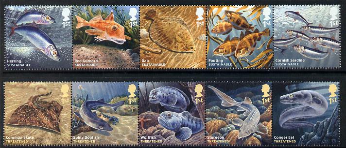 Great Britain 2014 Sustainable Fish perf set of 10 (2 strips of 5) unmounted mint